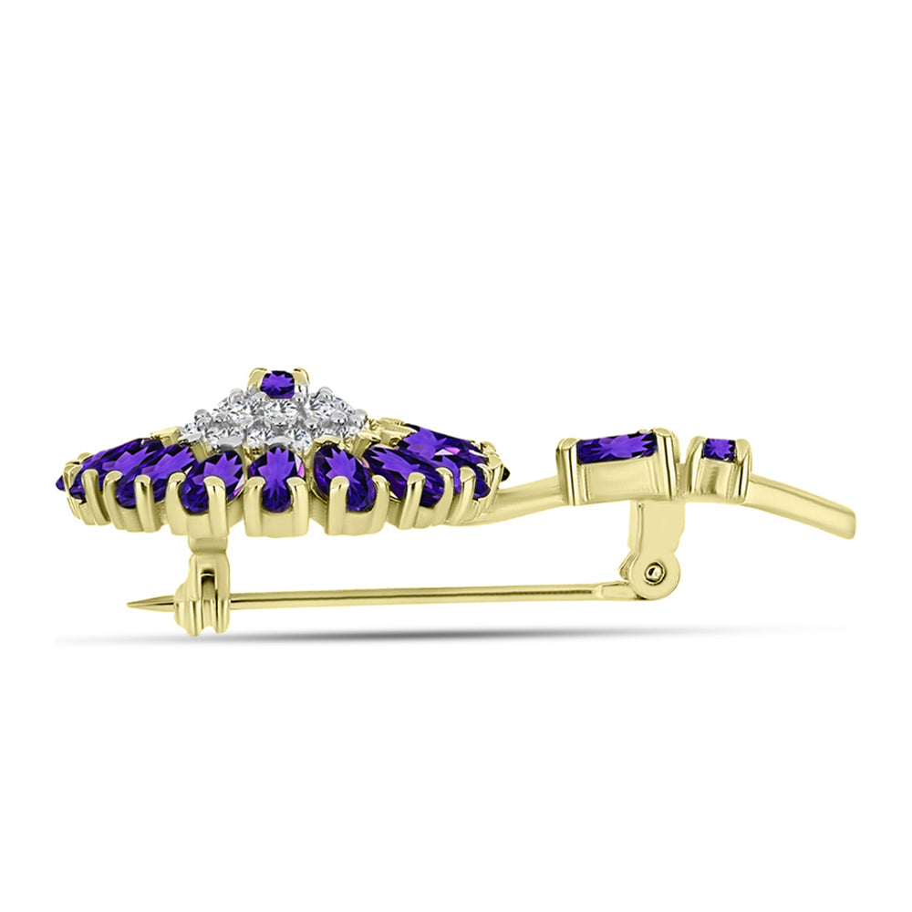 Goldplattierte Silberbrosche mit marokkanischem Amethyst und weißem Topas