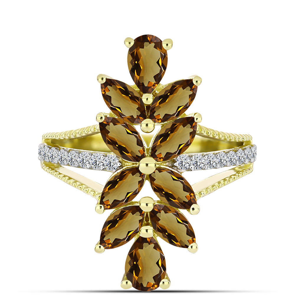 Goldplattierter Silberring mit Cognac-Quarz und weißem Topas