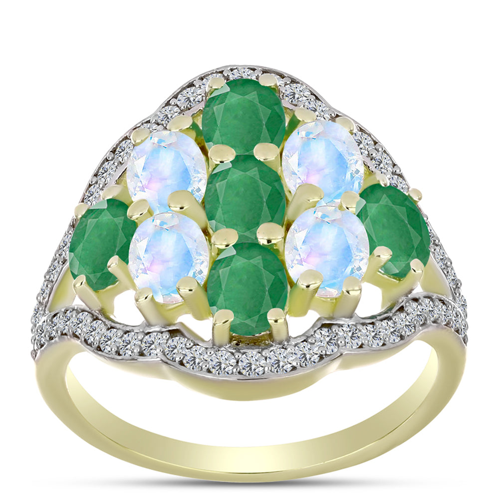 Goldplattierter Silberring mit brasilianischem Smaragd und Regenbogenmondstein