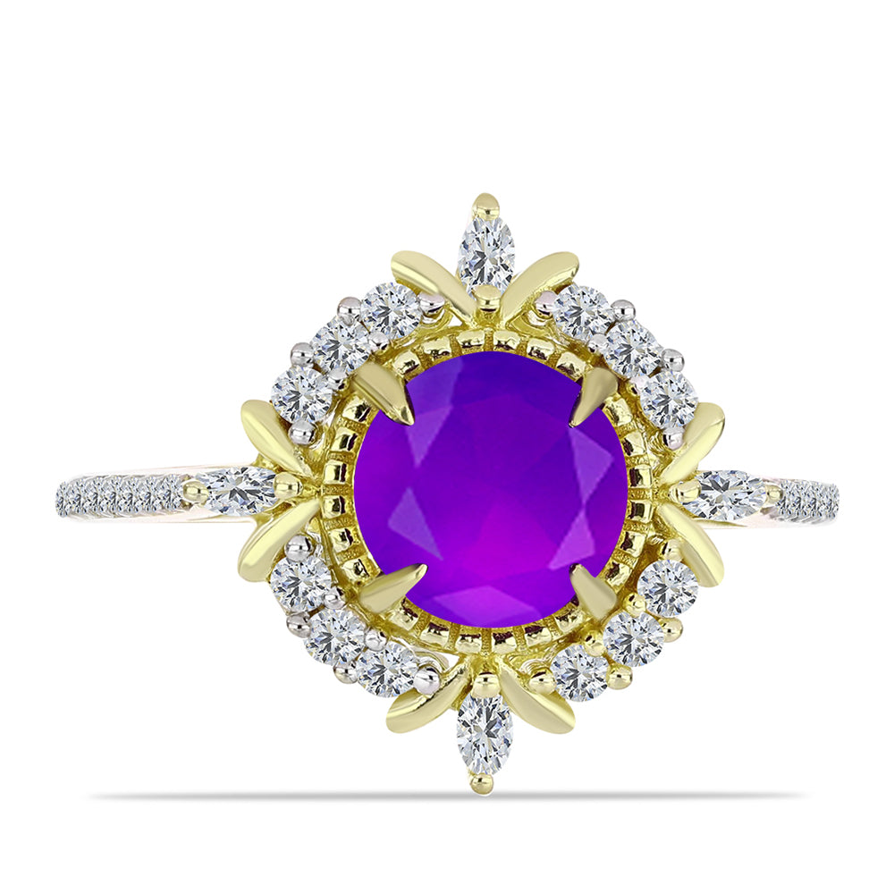 Goldplattierter Silberring mit lila Achat und weißem Topas
