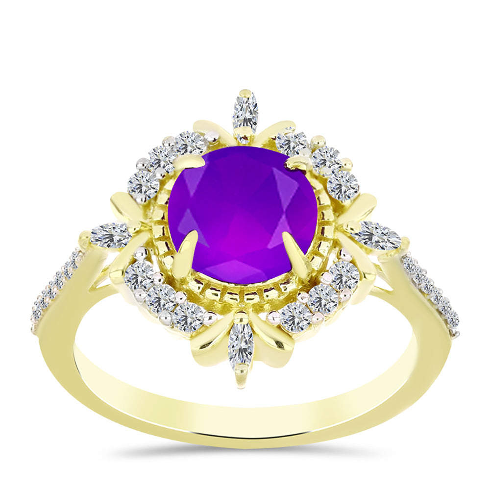 Goldplattierter Silberring mit lila Achat und weißem Topas