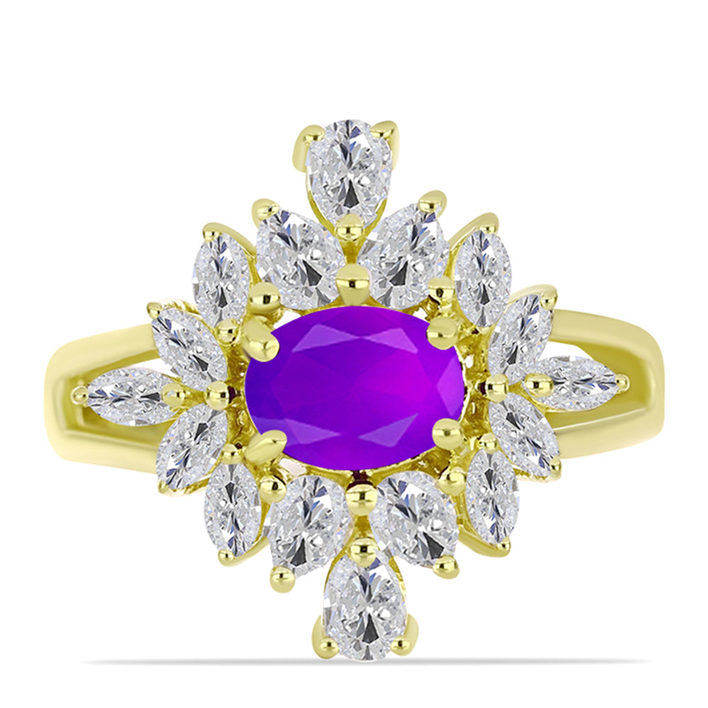 Goldplattierter Silberring mit lila Achat und weißem Topas