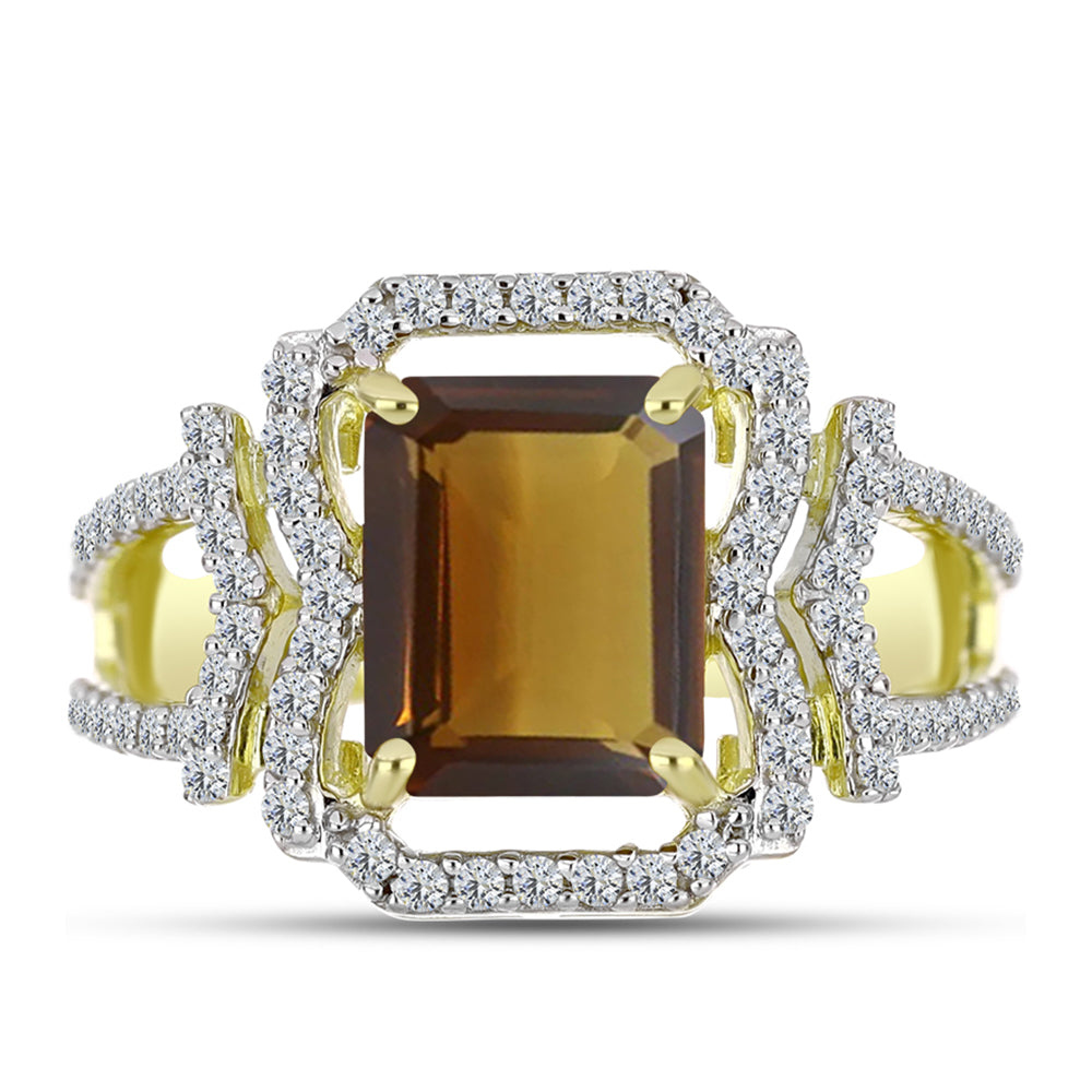 Goldplattierter Silberring mit Cognac-Quarz und weißem Topas