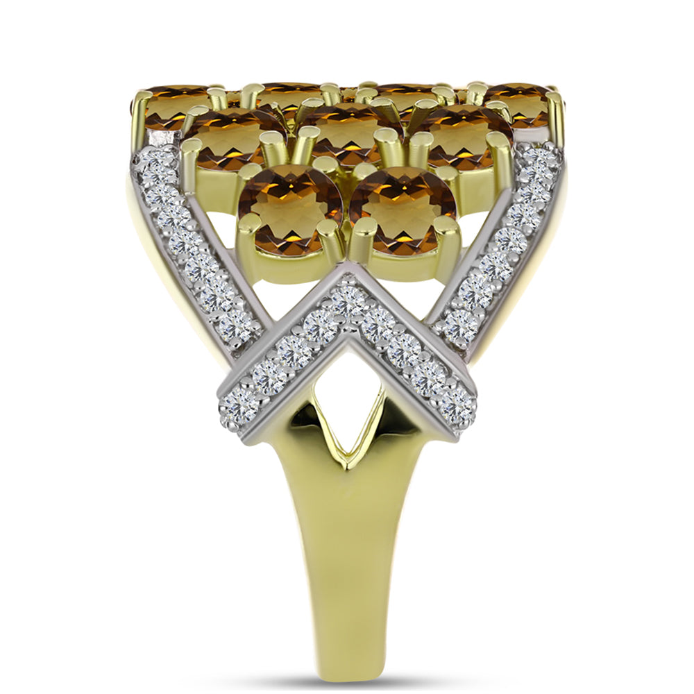 Goldplattierter Silberring mit Cognac-Quarz und weißem Topas