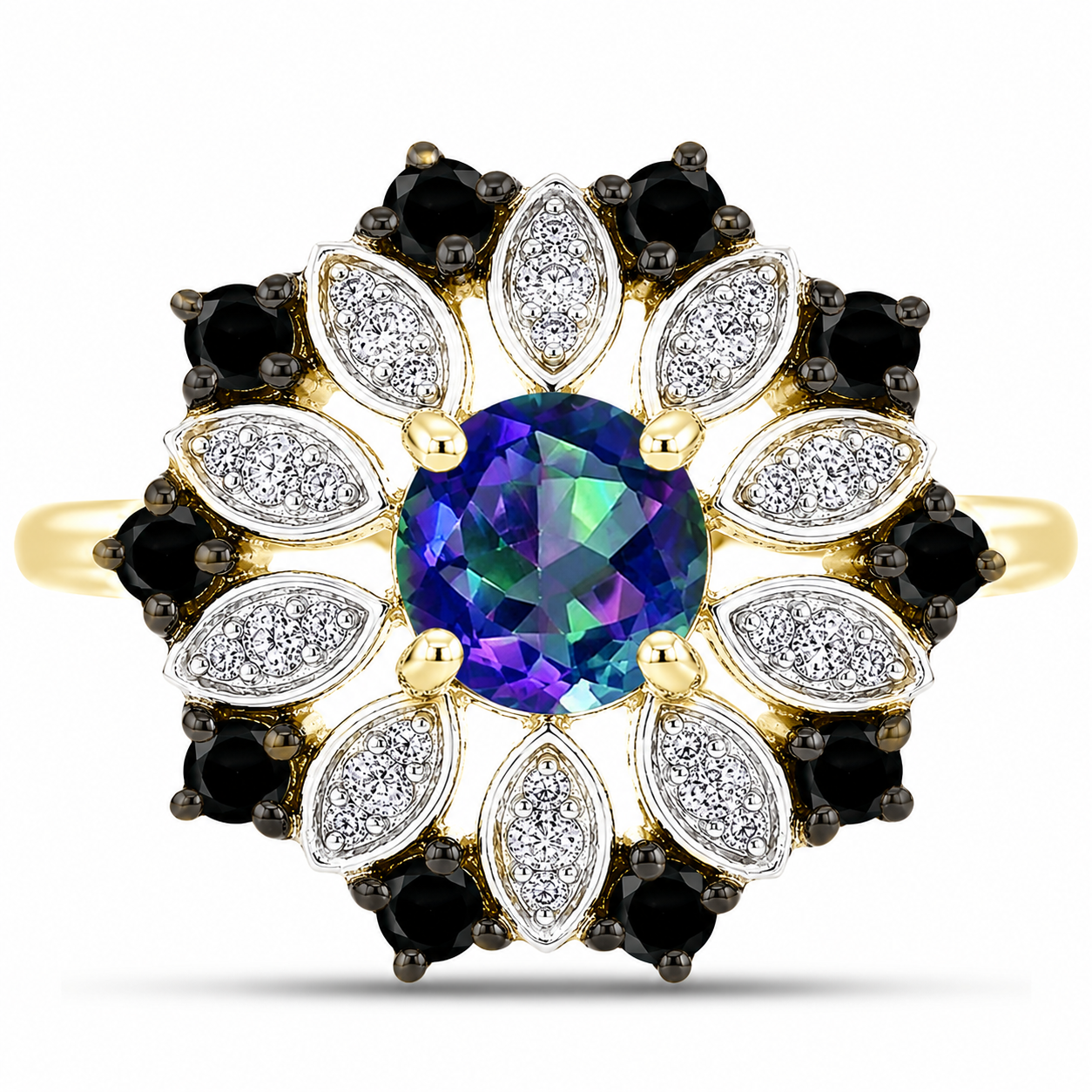 Goldplattierter Silberring mit mystischem Topas und schwarzem Spinell