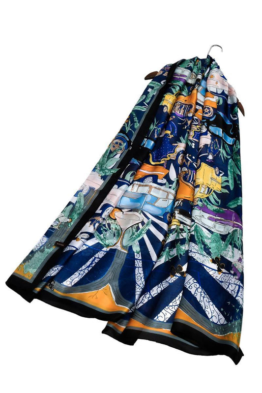 100% Real Silk Scarf-Shawl, 90 cm x 180 cm, Tropical Carnival Street Party Patterned, Multi Color