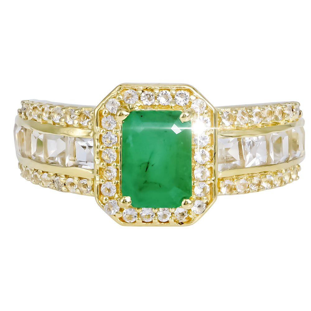 Goldplattierter Silberring mit Sakota Smaragd und weißem Topas