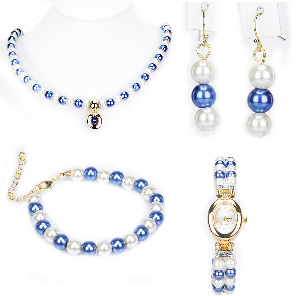 Schmuckgarnitur aus aus goldplattierter Legierung mit weißer Perle und blauem Emporia®-Kristall
