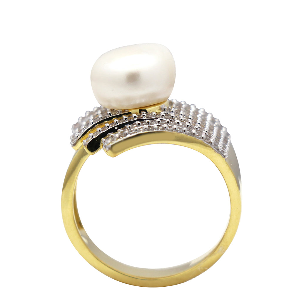Goldplattierter Silberring mit Süßwasserzuchtperle und weißem Zirkon 3 