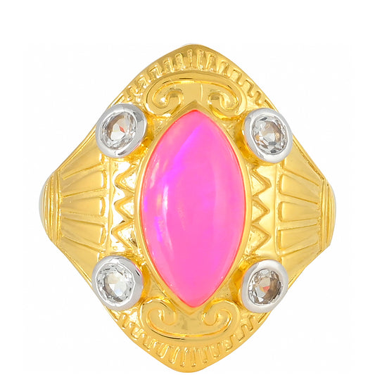 Goldplattierter Silberring mit äthiopischem neon pink Opal und weißem Topas