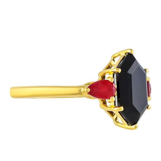 Goldplattierter Silberring mit schwarzem Onyx und Thai Rubin