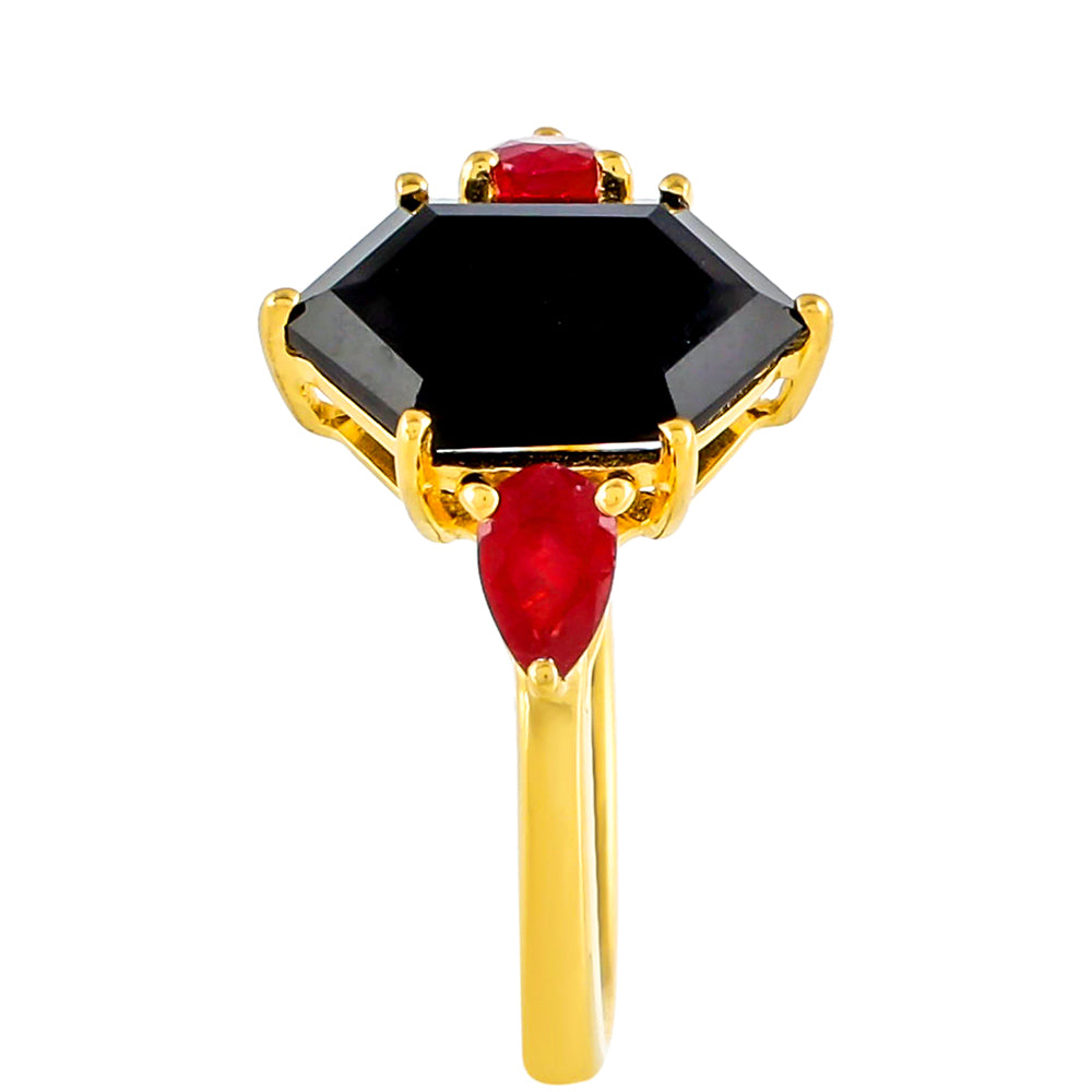 Goldplattierter Silberring mit schwarzem Onyx und Thai Rubin 3 