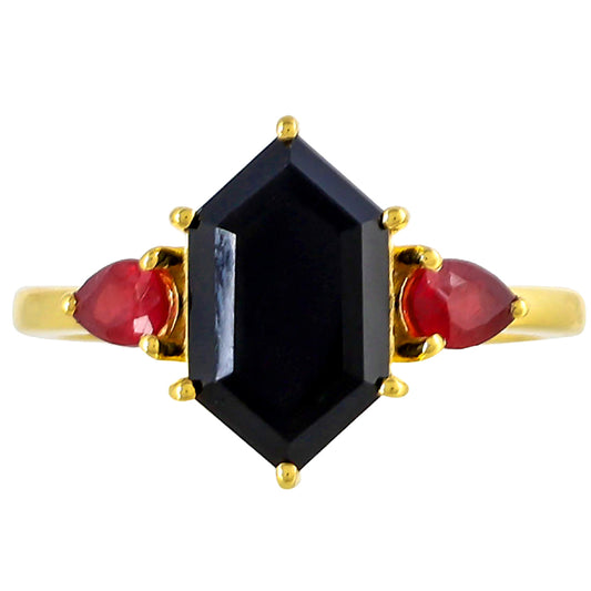 Goldplattierter Silberring mit schwarzem Onyx und Thai Rubin