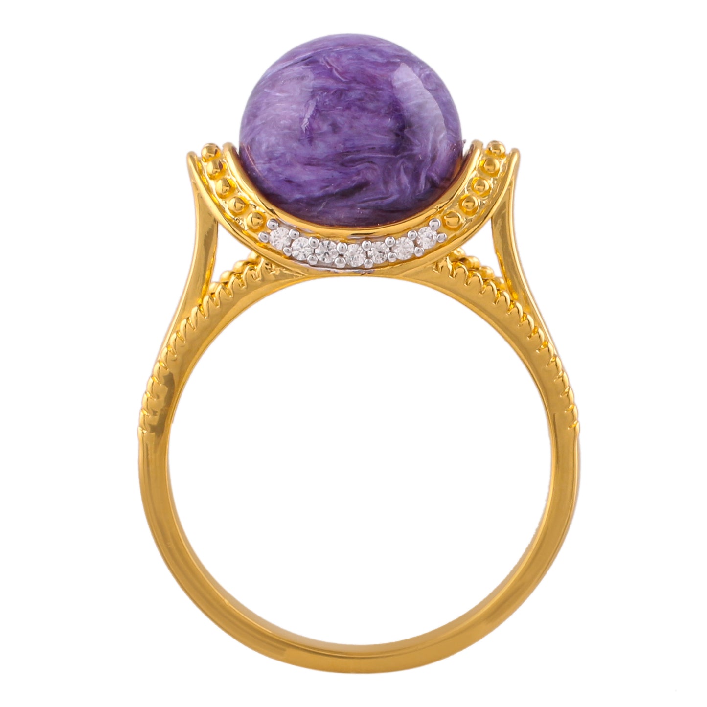 Goldplattierter Silberring mit Charoit und natürlichem Zirkon