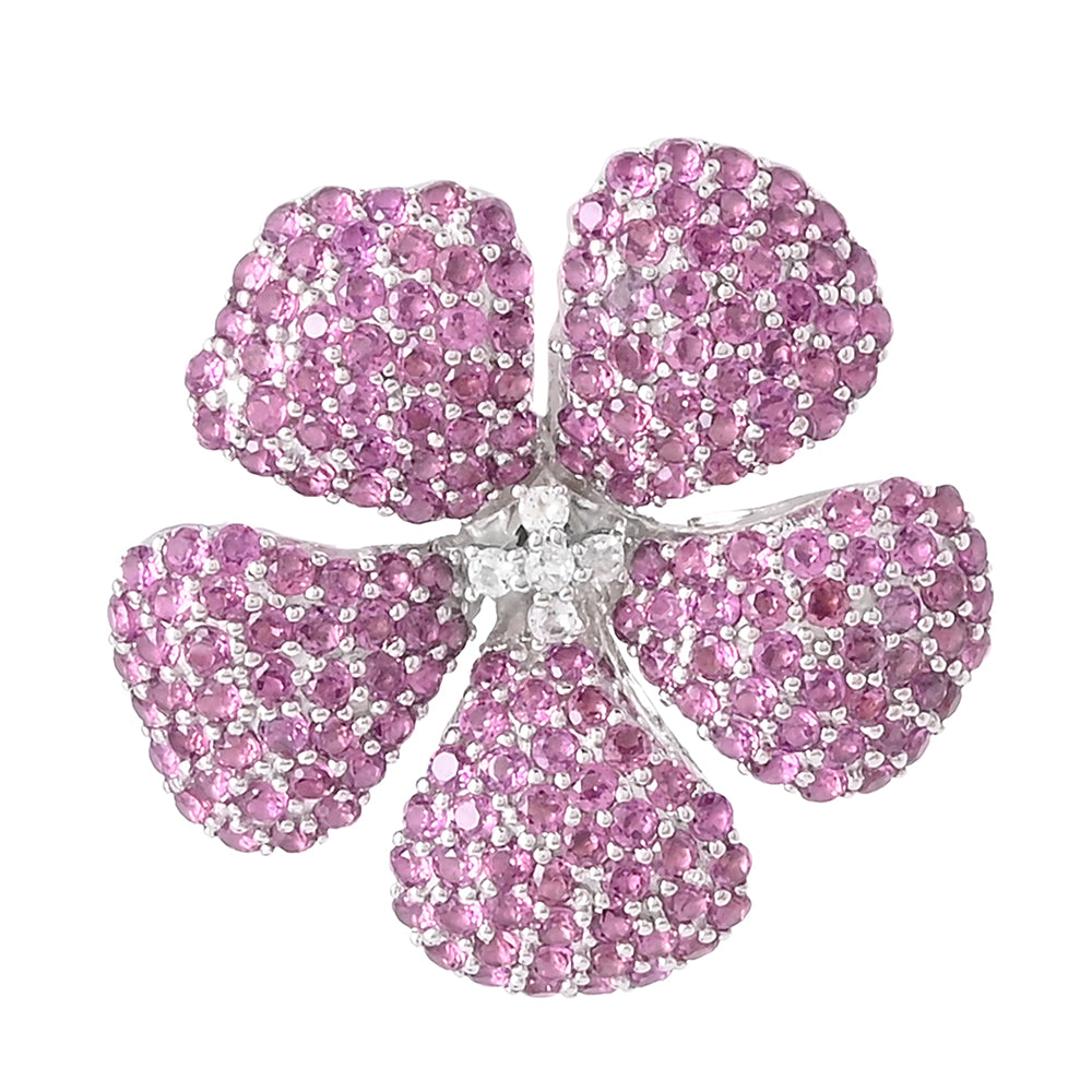 Silberbrosche mit Rhodolith Granat und weißem Topas