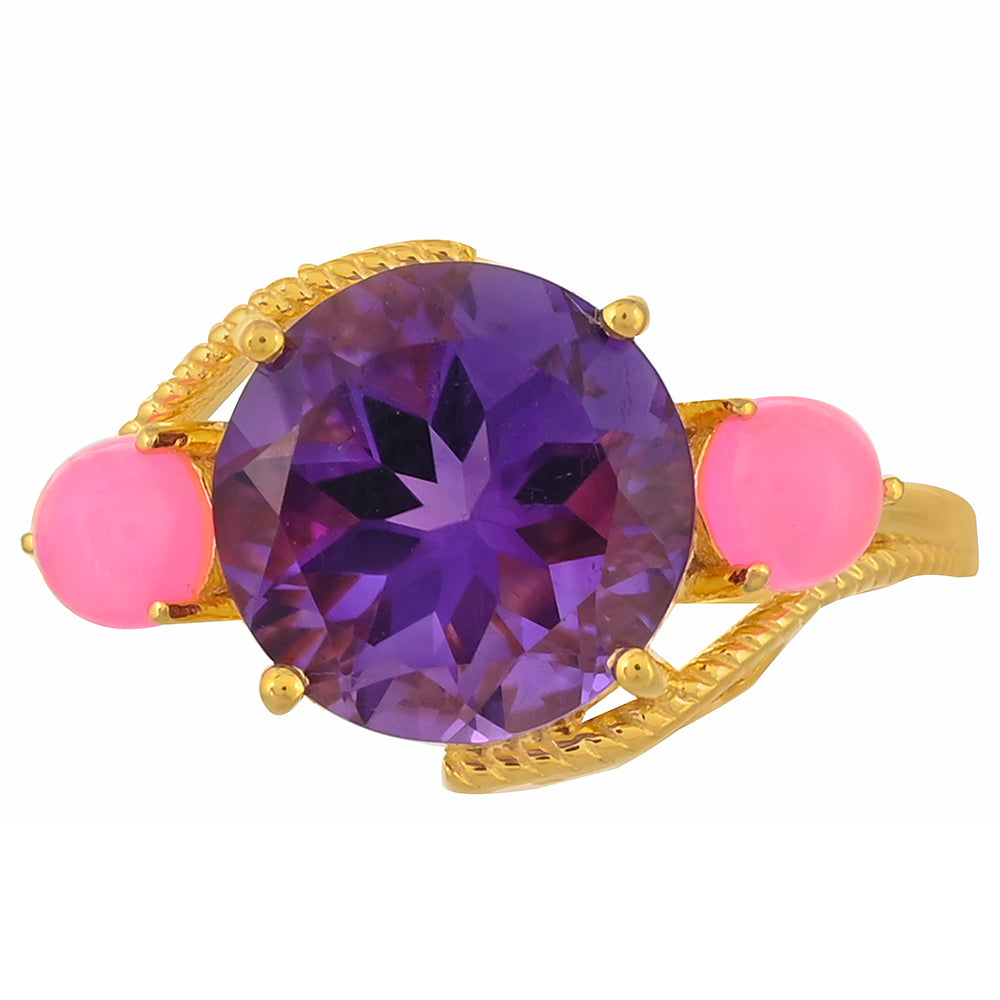 Goldplattierter Silberring mit marokkanischem Amethyst und äthiopischem neon pink Opal 1 