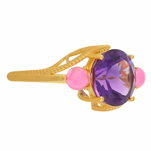 Goldplattierter Silberring mit marokkanischem Amethyst und äthiopischem neon pink Opal