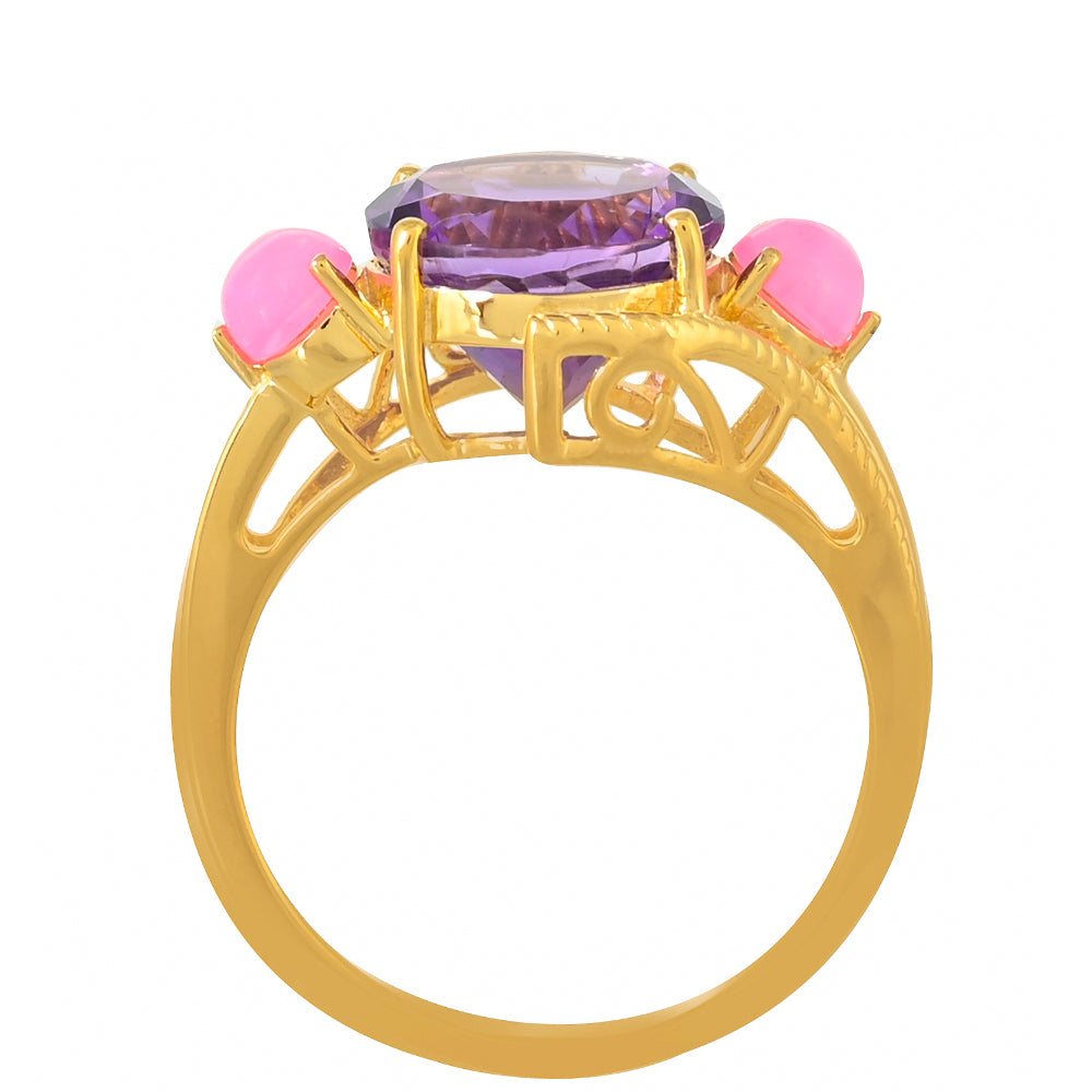 Goldplattierter Silberring mit marokkanischem Amethyst und äthiopischem neon pink Opal