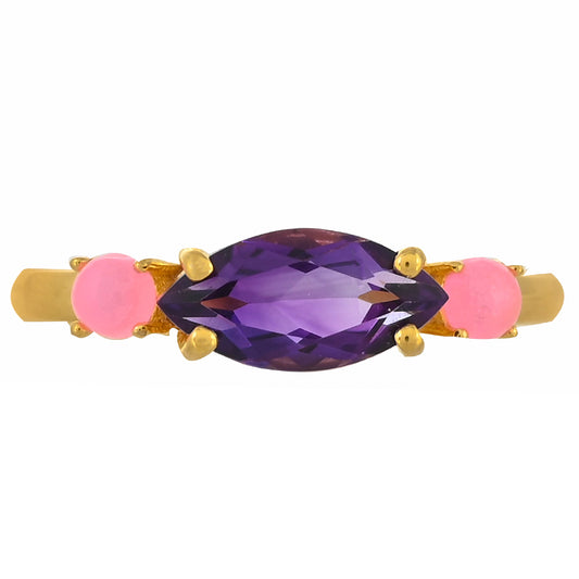 Goldplattierter Silberring mit marokkanischem Amethyst und äthiopischem neon pink Opal