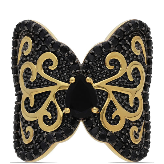 Goldplattierter Silberring mit schwarzem Onyx und schwarzem Spinell