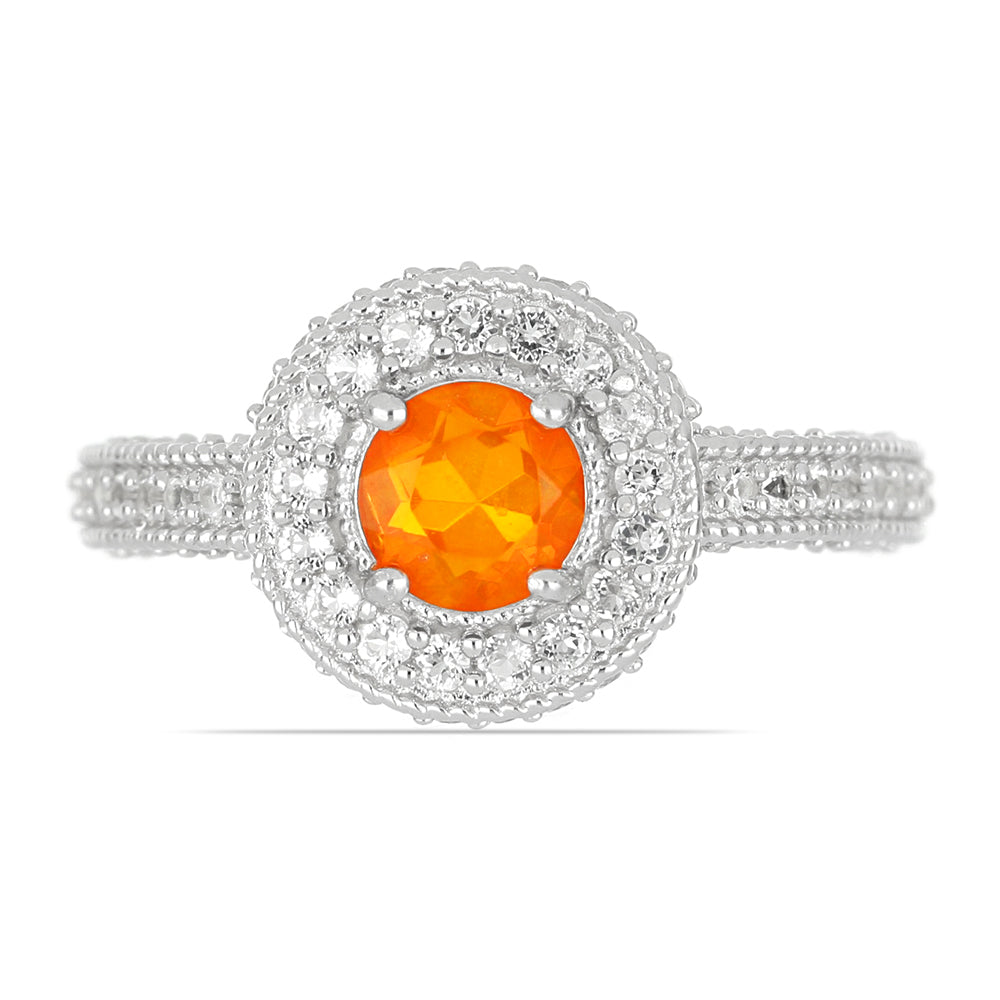 Silberring mit orangefarbenem äthiopischem Opal aus Lega Dembi und weißem Topas