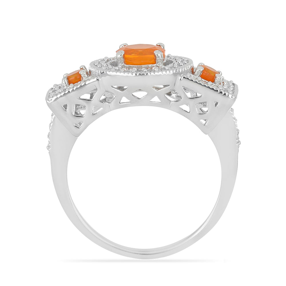 Silberring mit orangefarbenem äthiopischem Opal aus Lega Dembi und kolumbianischem weißem Zirkon