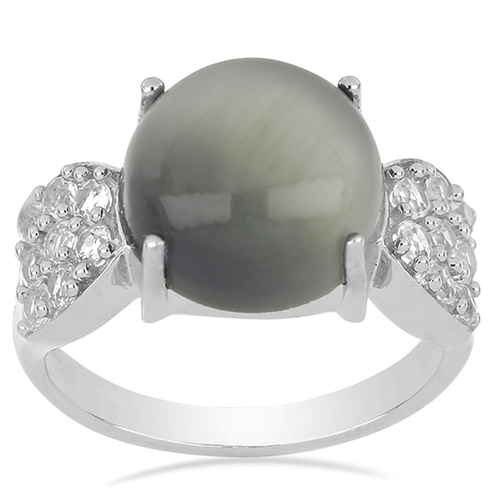 Silberring mit grünem Katzenauge Antananarivo und weißem Topas