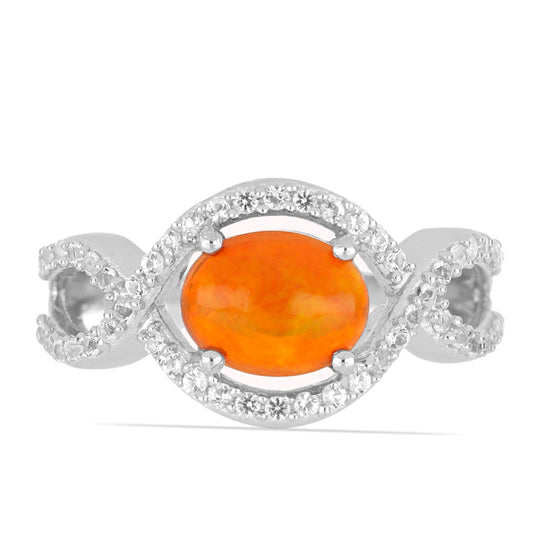 Silberring mit orangefarbenem äthiopischem Opal aus Lega Dembi und weißem Topas