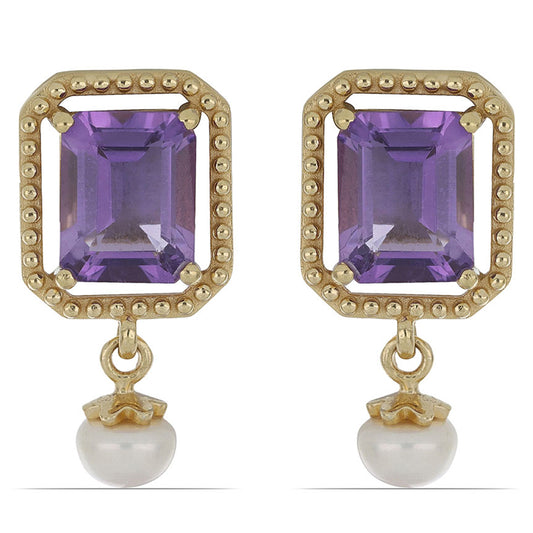 Goldplattierte Silberohrringe mit weißer Süßwasserperle und Amethyst aus Vera Cruz