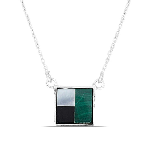 Silberhalskette mit Malachit, Perlmutt und schwarzem Onyx aus Suwar