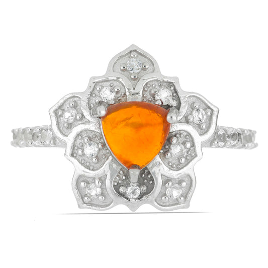 Silberring mit orangefarbenem Opal aus Lega Dembi und weißem Topas