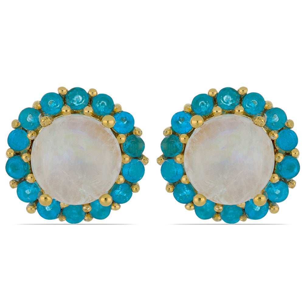 Goldplattierte Silberohrringe mit Regenbogenmondstein aus Grant County und neon Apatit aus Sludyanka