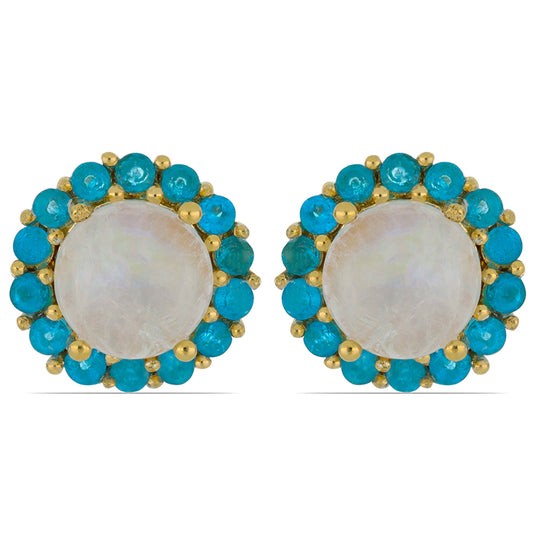 Goldplattierte Silberohrringe mit Regenbogenmondstein aus Grant County und neon Apatit aus Sludyanka