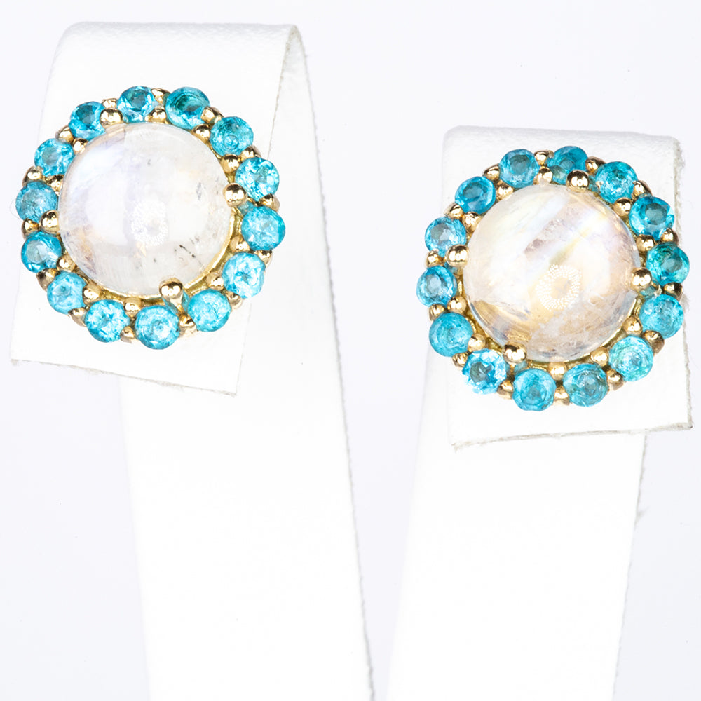 Goldplattierte Silberohrringe mit Regenbogenmondstein aus Grant County und neon Apatit aus Sludyanka