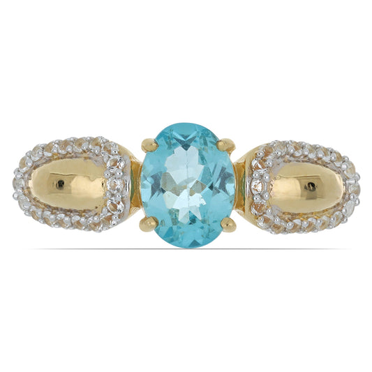 Goldplattierter Silberring mit himmelblauem Apatit aus Sljudjanka und weißem Topas