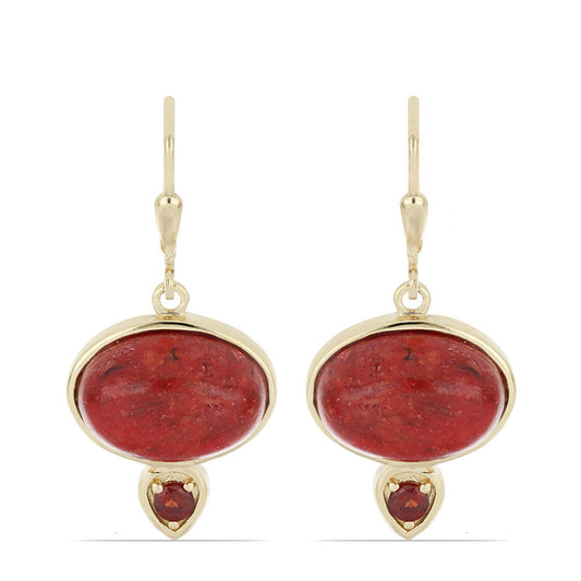 Goldplattierte Silberohrringe mit roter Schwammkoralle und Barton Granat