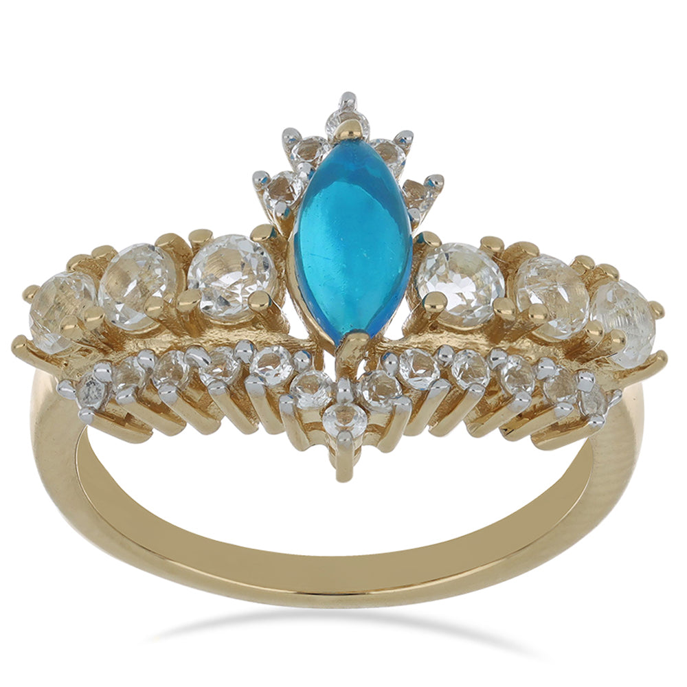 Goldplattierter Silberring mit blauem äthiopischem Opal aus Lega Dembi und weißem Topas 2 