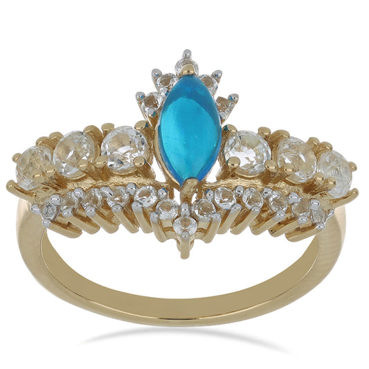 Goldplattierter Silberring mit blauem äthiopischem Opal aus Lega Dembi und weißem Topas