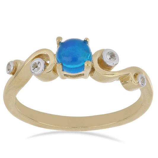 Goldplattierter Silberring mit blauem äthiopischem Opal aus Lega Dembi und weißem Topas