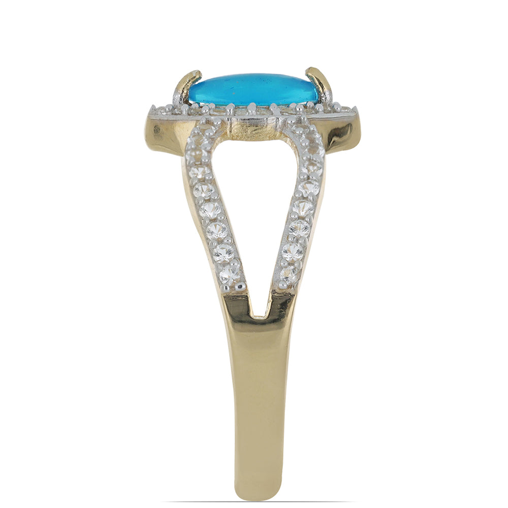 Goldplattierter Silberring mit blauem äthiopischem Opal aus Lega Dembi und weißem Topas