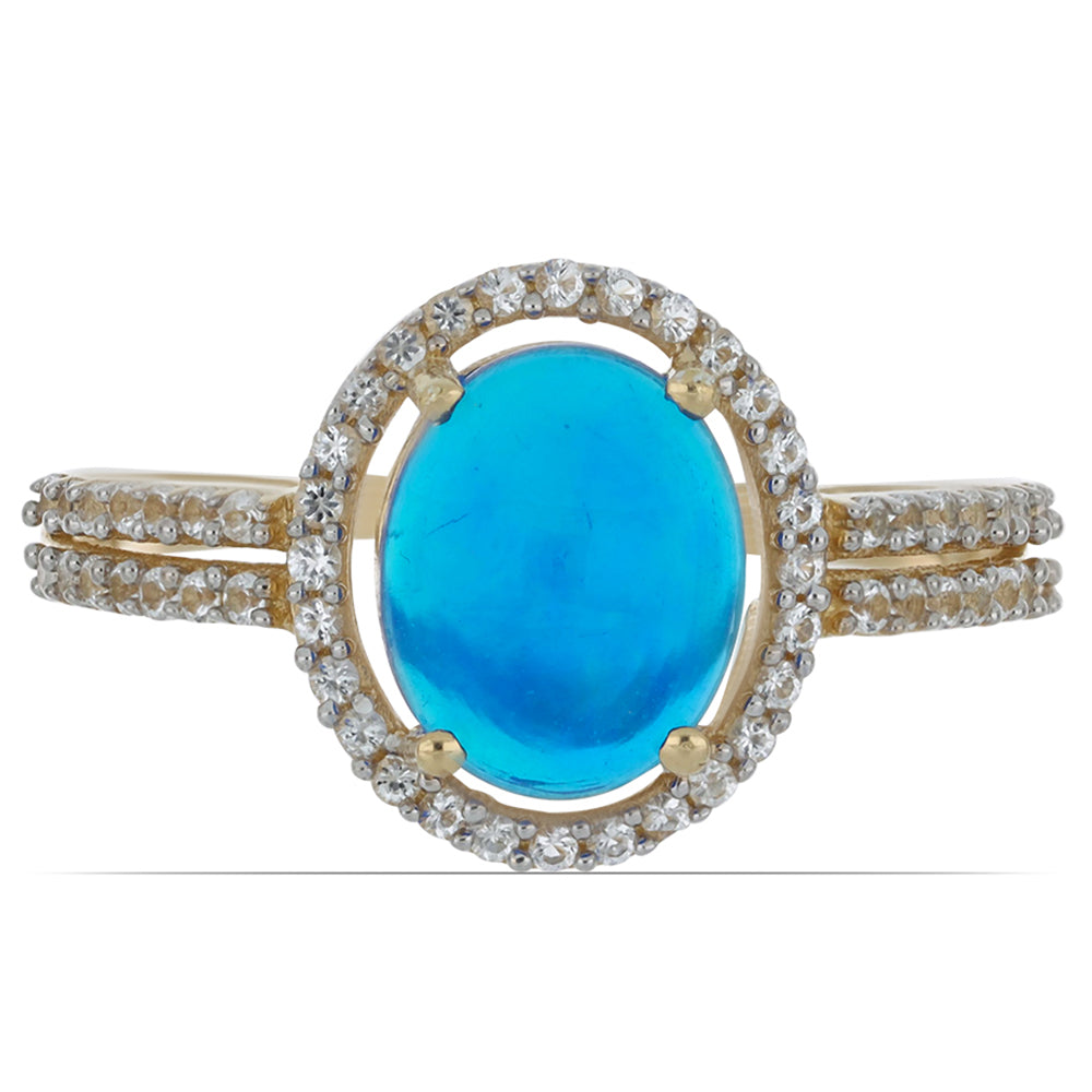 Goldplattierter Silberring mit blauem äthiopischem Opal aus Lega Dembi und weißem Topas 1 