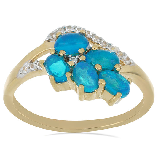 Goldplattierter Silberring mit blauem äthiopischem Opal aus Lega Dembi und weißem Topas