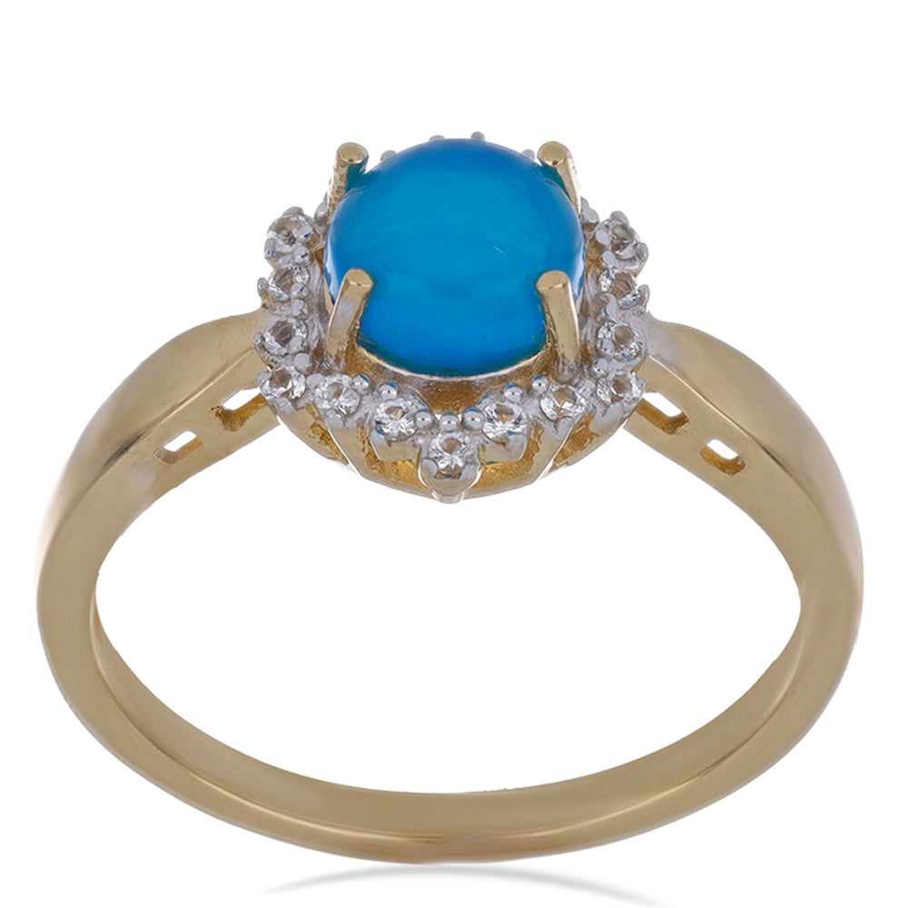 Goldplattierter Silberring mit blauem äthiopischem Opal aus Lega Dembi und weißem Topas