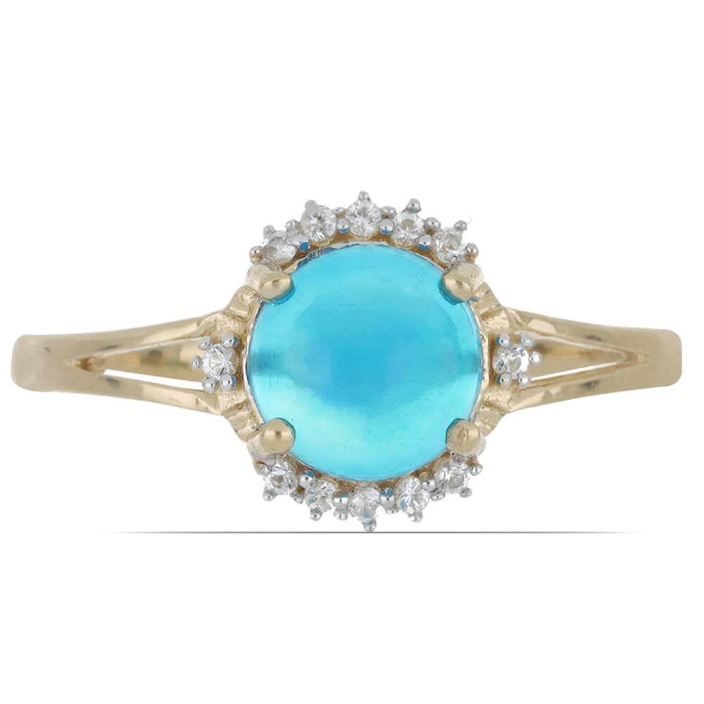 Goldplattierter Silberring mit blauem äthiopischem Opal aus Lega Dembi und weißem Topas