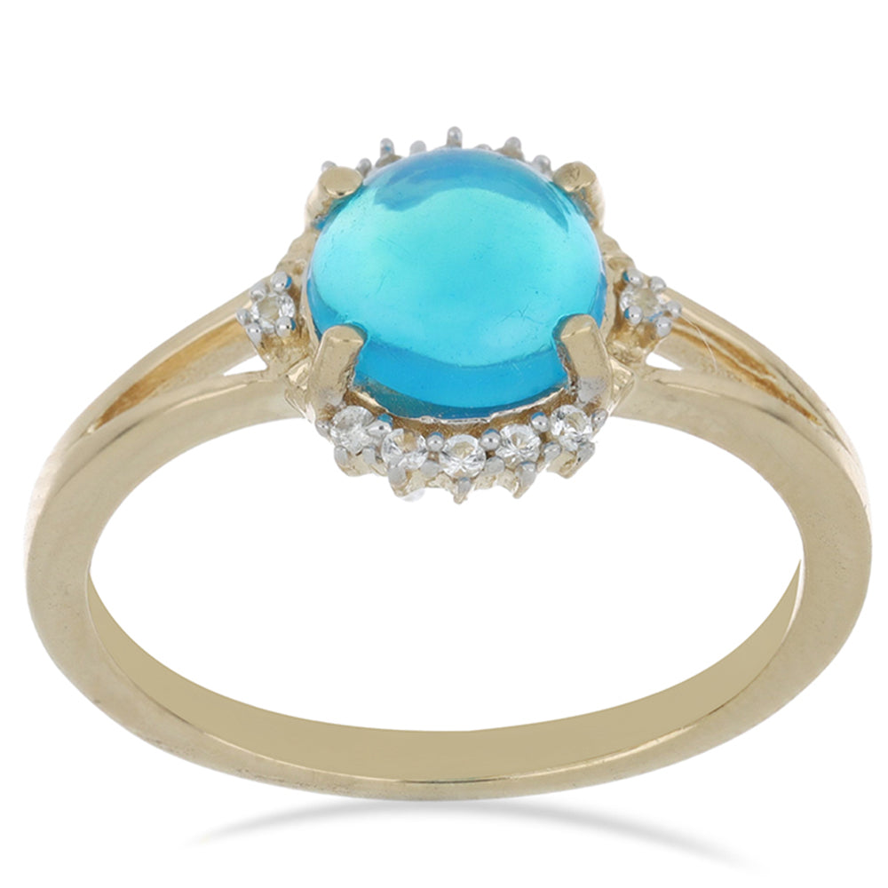 Goldplattierter Silberring mit blauem äthiopischem Opal aus Lega Dembi und weißem Topas