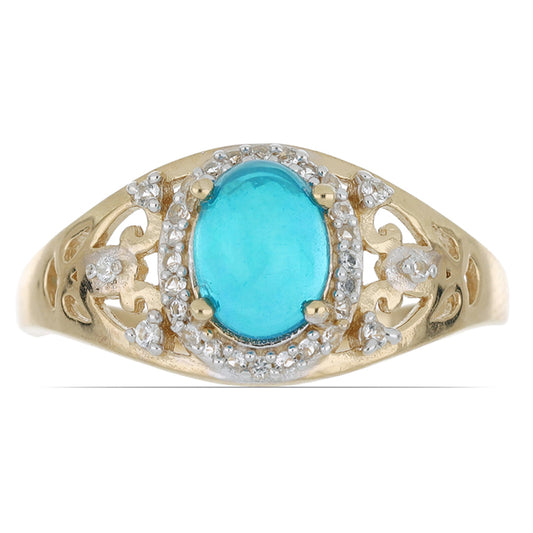 Goldplattierter Silberring mit blauem äthiopischem Opal aus Lega Dembi und weißem Topas