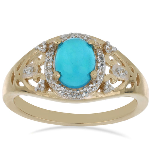 Goldplattierter Silberring mit blauem äthiopischem Opal aus Lega Dembi und weißem Topas