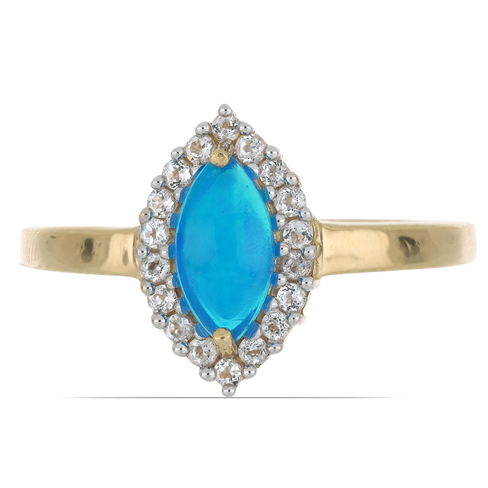 Goldplattierter Silberring mit blauem äthiopischem Opal aus Lega Dembi und weißem Topas
