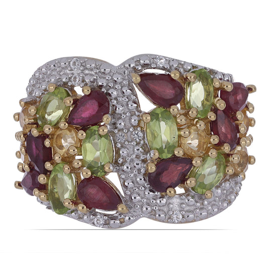 Goldplattierter Silberring mit Rubin aus Madagaskar und Peridot aus Changbai