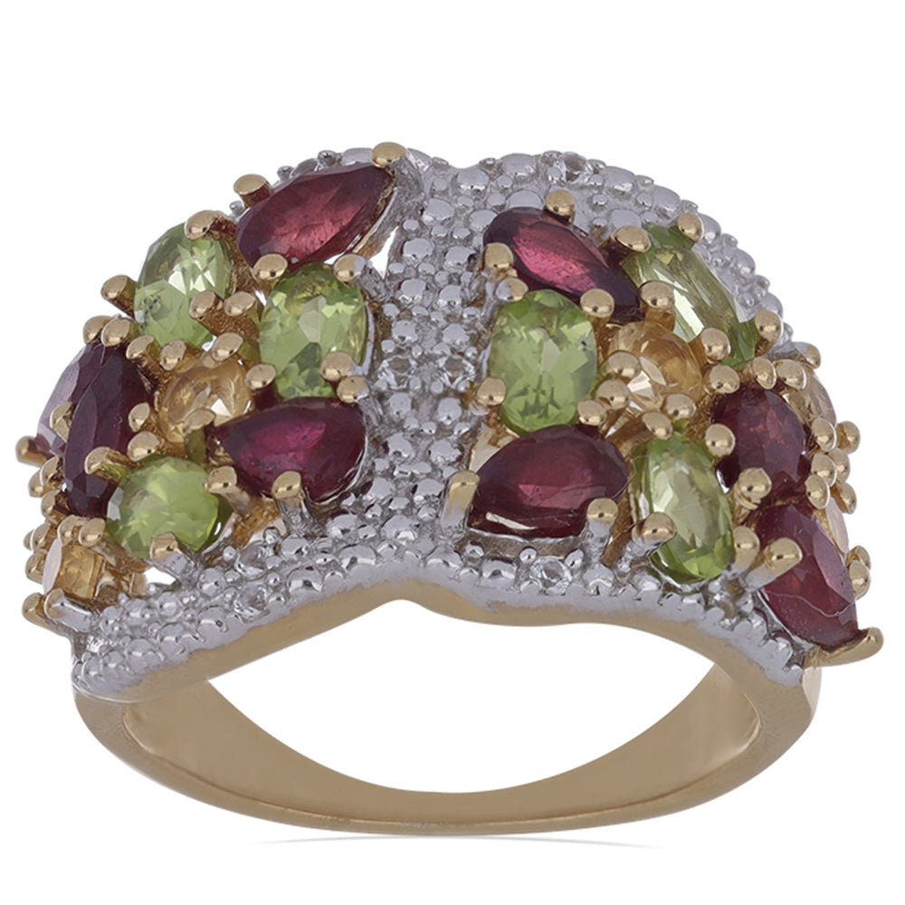 Goldplattierter Silberring mit Rubin aus Madagaskar und Peridot aus Changbai